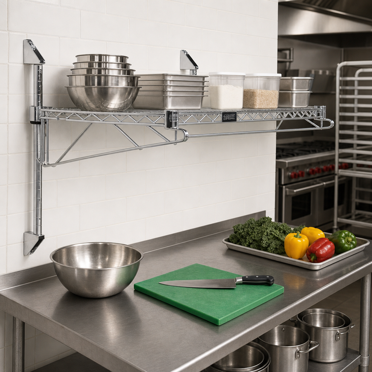 Product image #2 for Quantum Wall-Mount Cantilever Single Shelf with Posts, 48 x 14 Inch, Chrome-Plated