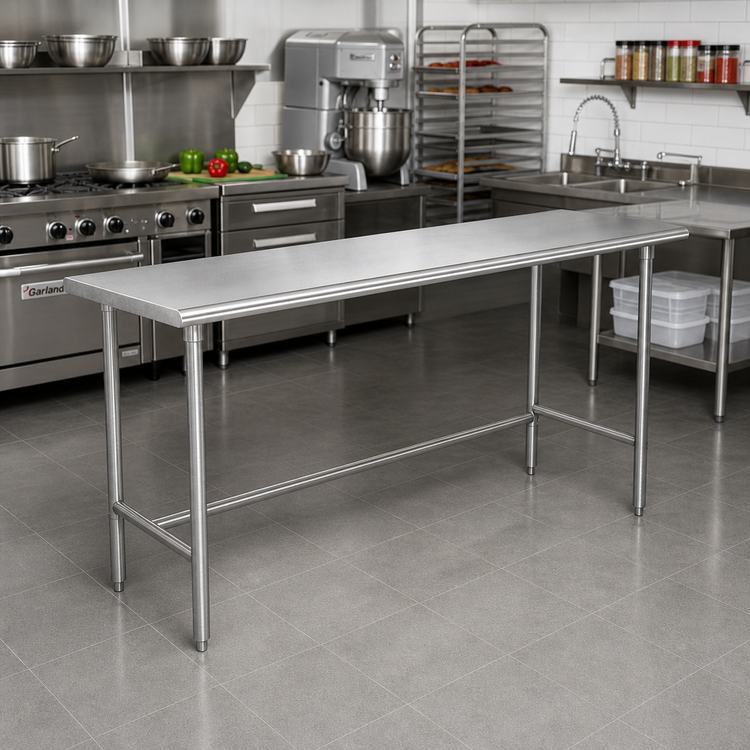 Product image #2 for Advance Tabco 144" x 24" 16-Gauge 430 Stainless Steel Flat Top Work Table with Open Base and Galvanized Legs