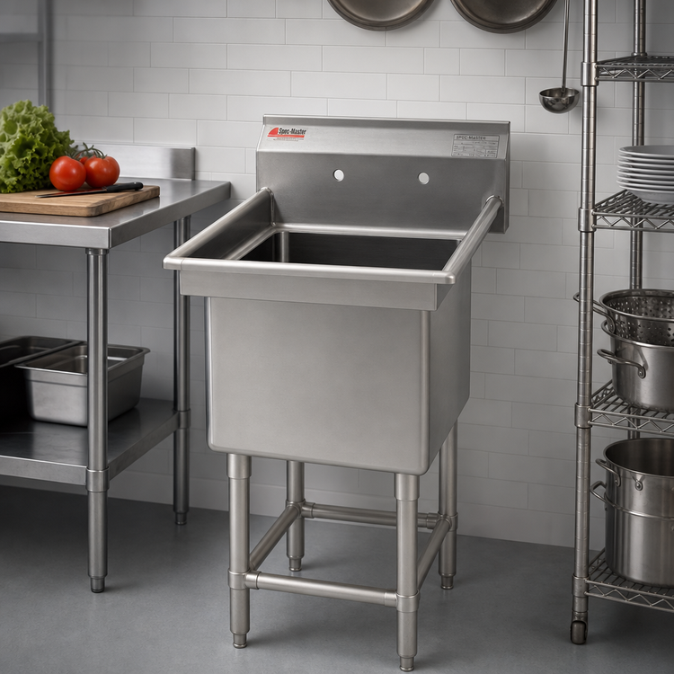 Product image #2 for Spec-Master FN Series One-Compartment Commercial Sink, 23"W x 27"D, 14-Gauge 304 Stainless Steel Top, 9-1/2" Backsplash