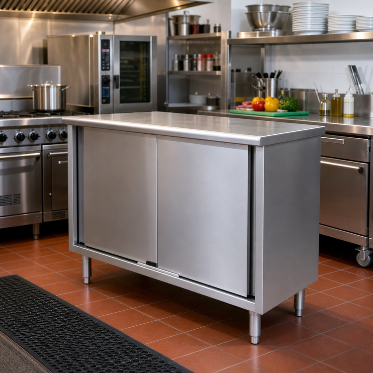 Product image #2 for Eagle Spec-Master 60" x 24" 14-Gauge 304 Stainless Steel Enclosed Work Table with Sliding Doors