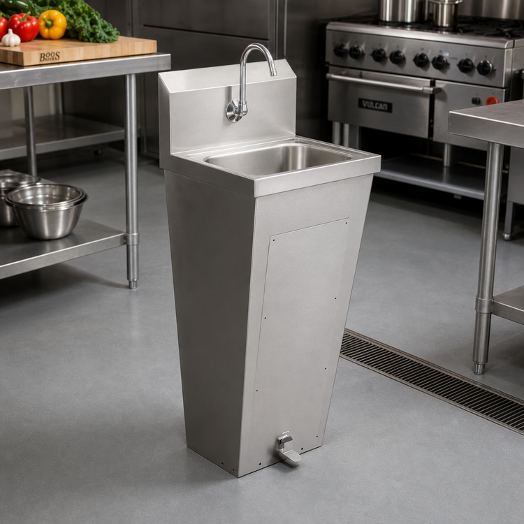 Product image #2 for John Boos Pro-Bowl Floor-Mount Stainless Steel Hand Sink with Tapered Pedestal, 14 x 10 x 5 Inch Bowl, Faucet, and Foot Valve