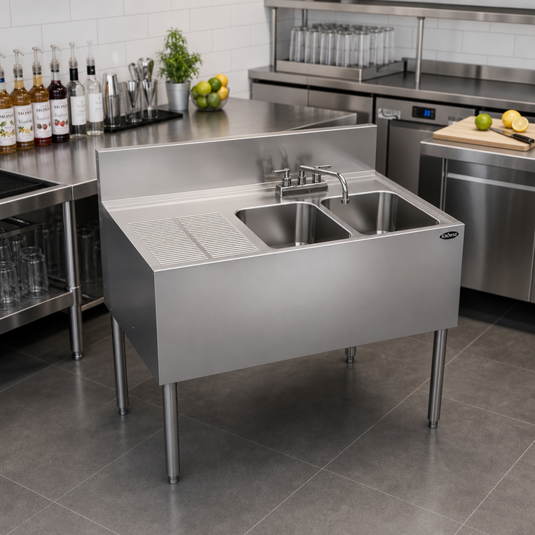 Product image #2 for Krowne Royal Series Two-Compartment Underbar Sink Unit with Left Drainboard and Faucet, 36 x 24 Inches