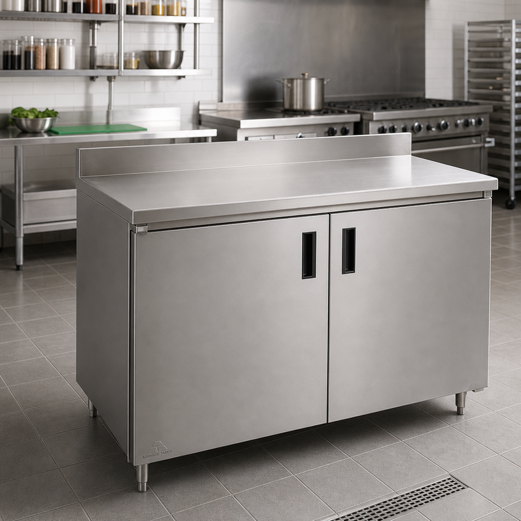 Product image #2 for Advance Tabco 60" x 24" Enclosed Stainless Steel Work Table with Cabinet Base, Mid-Shelf, Hinged Doors, and 5" Backsplash