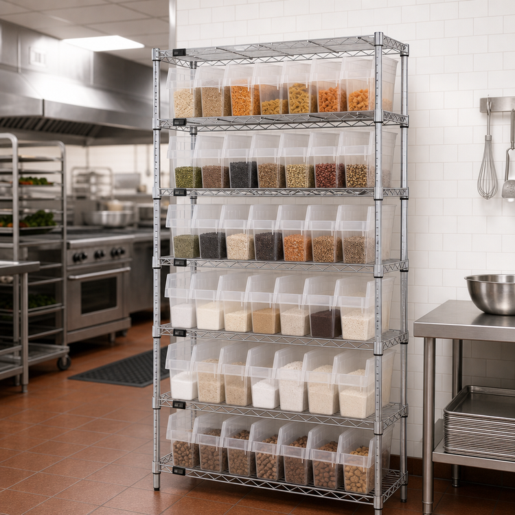 Product image #2 for Quantum 36" x 24" x 74" Chrome Plated Bin Wire Shelving System with 8 Shelves and Clear Bins