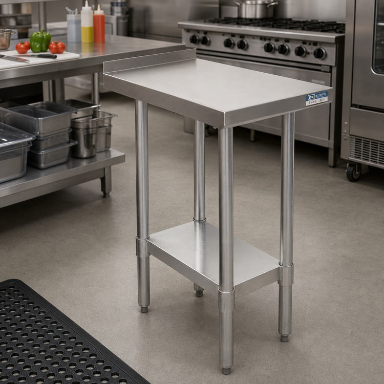 Product image #2 for BK Resources 18 Inch x 30 Inch T-430 Stainless Steel Filler Table with 1-1/2 Inch Rear Riser and Adjustable Undershelf