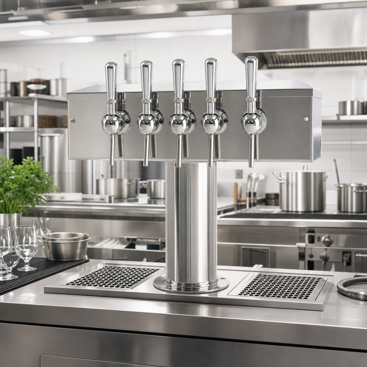 Product image #2 for T Style Countertop Air-Cooled Wine Font with 5 Polished 304 Stainless Steel Side-Pull Faucets
