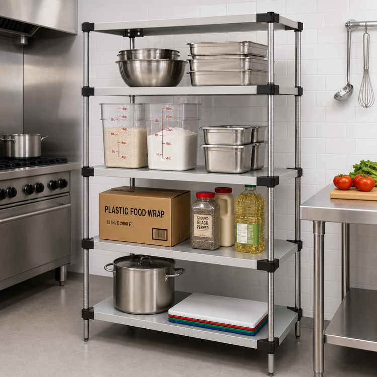 Product image #2 for Quantum Stationary Solid Shelving Starter Kit, 60 x 18 x 63 Inches, 4 Shelves, 304 Stainless Steel