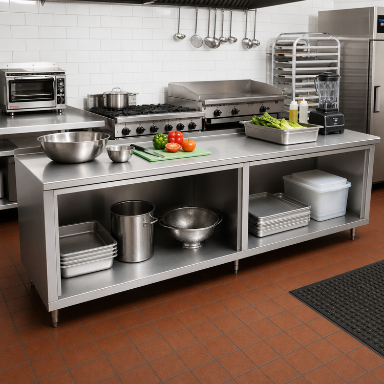 Product image #2 for John Boos Open Front Cabinet Base Work Table, 144-Inch W x 24-Inch D, 16-Gauge Stainless Steel Top