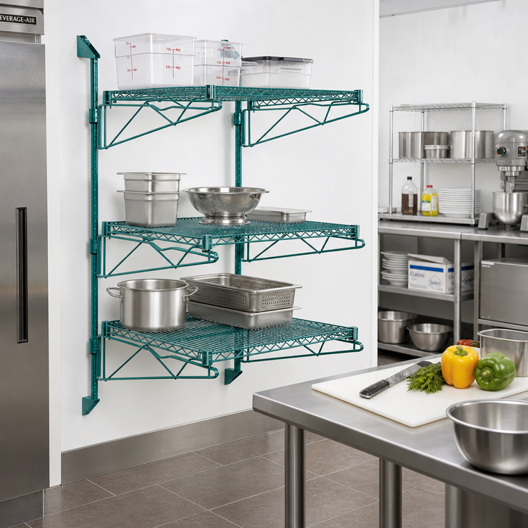 Product image #2 for Wall-Mounted Cantilever Starter Shelving Unit with 3 Wire Shelves and Green Epoxy Antimicrobial Finish