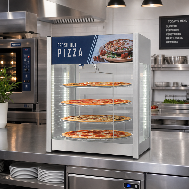 Product image #3 for KoolMore KM-HPD4-18 Floor Model Self-Service Heated Hot Food Display Case with Humidity Control, 4 Shelves, Stainless Steel