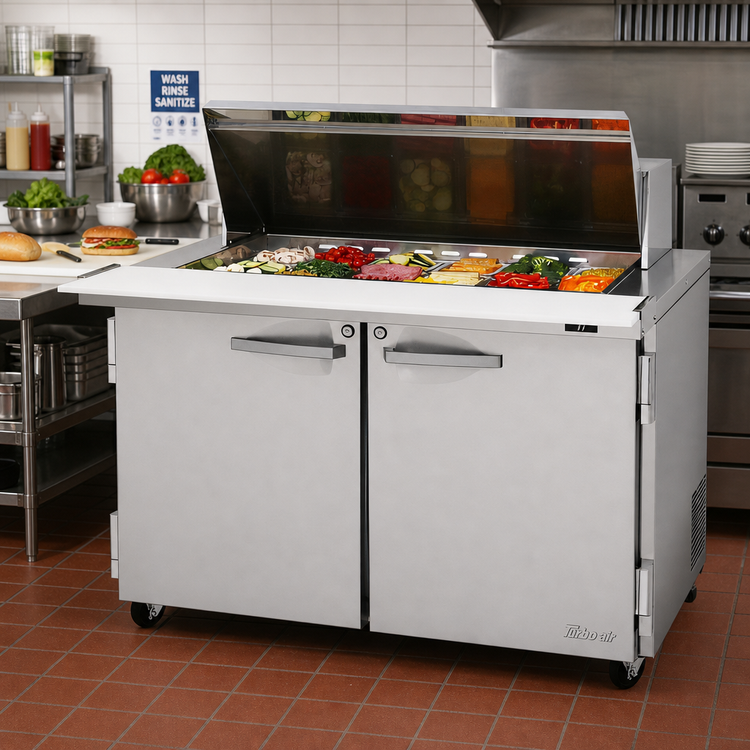 Product image #2 for Turbo Air PRO Series 48-1/4-Inch Wide Mega Top Sandwich/Salad Prep Table, Two-Section, 18-Pan, Self-Contained Refrigeration