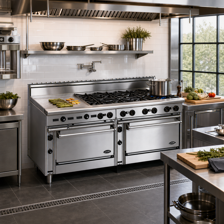 Product image #2 for Jade Range Bistro 72-Inch Shallow-Depth Commercial Gas Range with 12 Open Burners, Standard Oven, and Cabinet Base