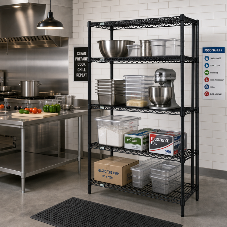 Product image #2 for Quantum 4-Shelf Stationary Wire Shelving Starter Kit, 36"W x 21"D x 86"H, Black Epoxy