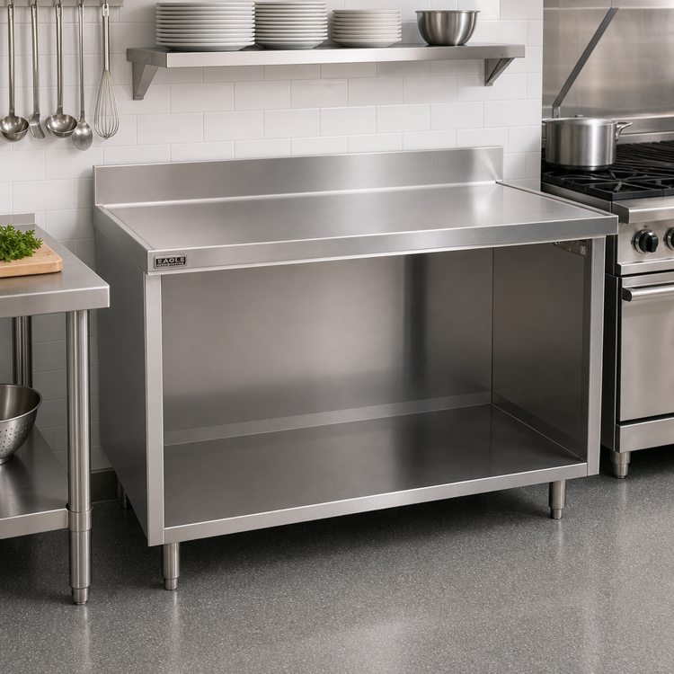 Product image #2 for Eagle Spec-Master Marine Series Stainless Steel Work Table with Cabinet Base, Open Front, and 4-1/2-Inch Backsplash, 84 x 24 Inches