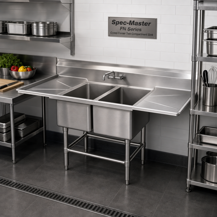 Product image #2 for Spec-Master FN Series Coved-Corner Two-Compartment Stainless Steel Sink with 24-Inch Left and Right Drainboards