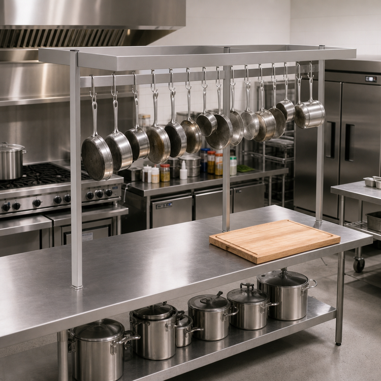 Product image #2 for John Boos PRTC4 Square Table-Mount Stainless Steel Pot Rack, 91-1/4W x 18D x 48H, 24 Double Hooks