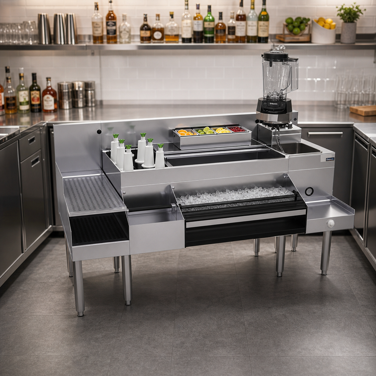 Product image #2 for Glastender 66-Inch All-In-One Underbar Ice Bin and Cocktail Station with Blender Shelf, Sink, and Speed Rails