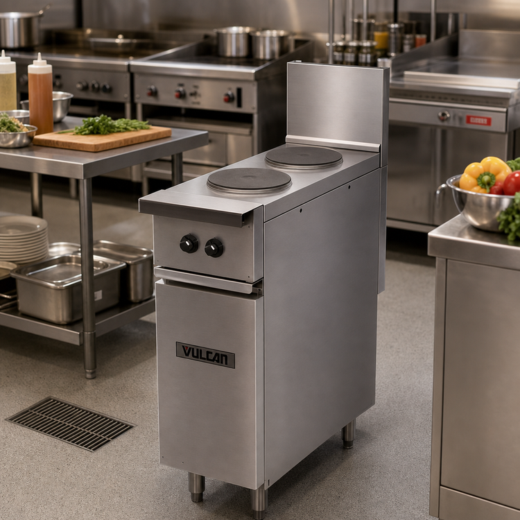 Product image #2 for Vulcan Expando 12-Inch Electric Restaurant Range with Thermostatic Hot Top, Enclosed Base, and 480V Single-Phase Power