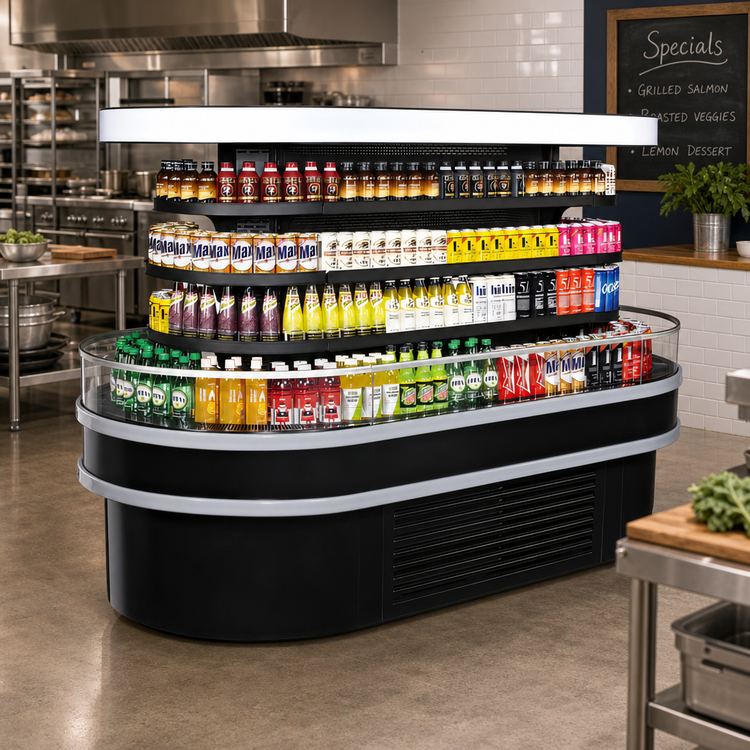 Product image #2 for Turbo Air 48-Inch Open Curved Self-Serve Island Refrigerated Display Merchandiser, 28.8 Cu. Ft., 3-Tier, Black