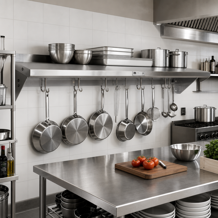 Product image #2 for John Boos Stallion 132-Inch Wall-Mounted Stainless Steel Pot Rack Shelf with 11 Hooks