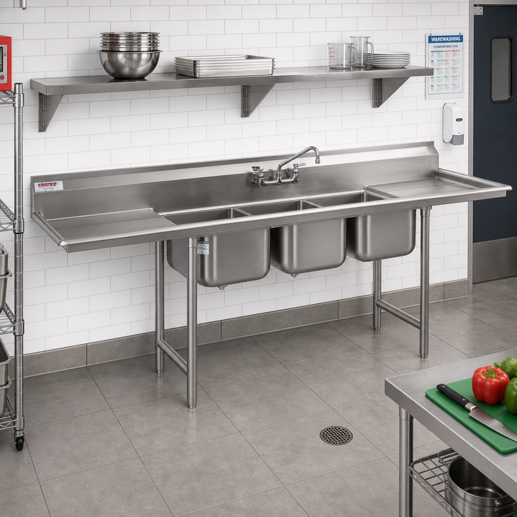 Product image #2 for Eagle Group 412 Series Three-Compartment Floor Model Sink with Dual Drainboards, 90-Inch, 430 Stainless Steel