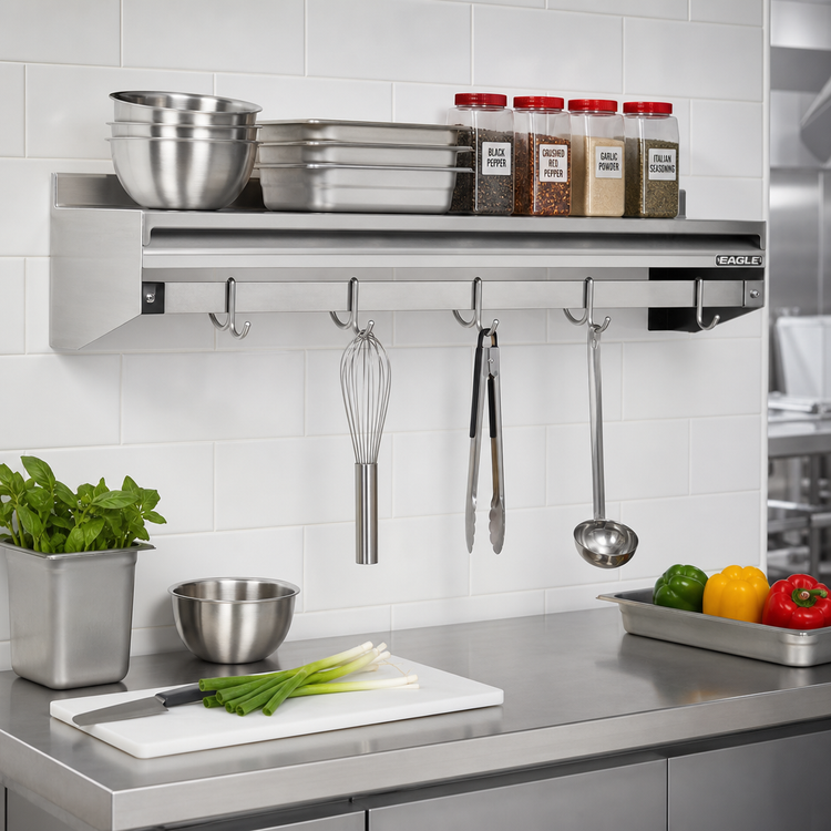 Product image #2 for Eagle Group 36-Inch x 10-Inch Wall Mounted Stainless Steel Wall Shelf with Pot Rack and 3 Hooks