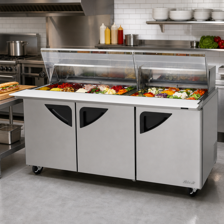 Product image #2 for Turbo Air Super Deluxe 72-5/8-Inch 3-Section Mega Top Sandwich/Salad Prep Table with Clear Lids