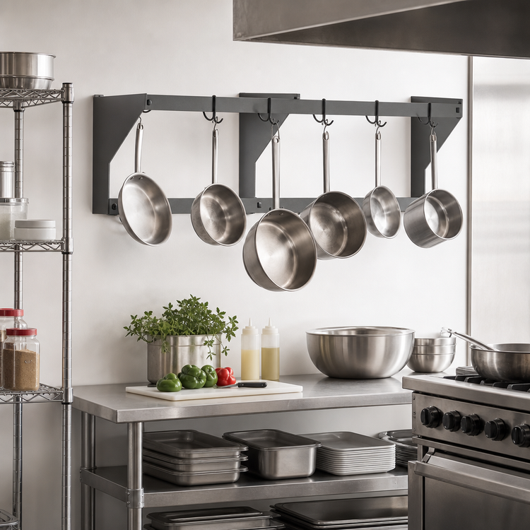 Product image #2 for Eagle Group 48-Inch Wall-Mounted Aluminum Double-Bar Pot Rack with 8 Double-Pronged Hooks
