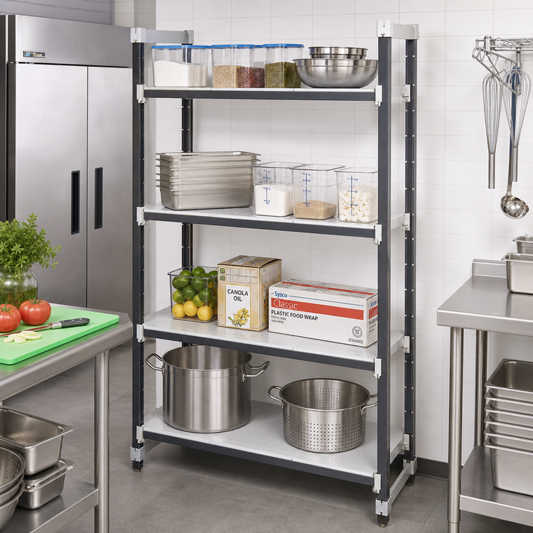 Product image #2 for Cambro Camshelving Elements XTRA 4-Tier Stationary Starter Unit, 24 x 48 x 64 Inch Solid Polymer Shelving, Speckled Gray