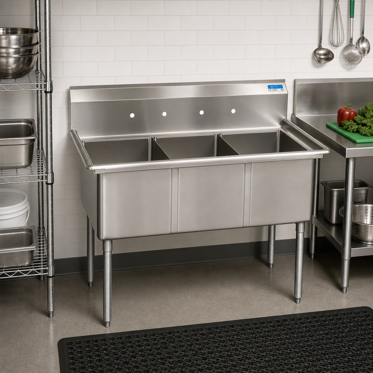 Product image #2 for BK Resources Three-Compartment Stainless Steel Sink, No Drainboards, 24" x 24" x 14" Bowls