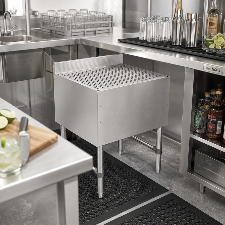 Product image #2 for John Boos Freestanding Stainless Steel Underbar Drainboard, 18 x 21 Inches, Top Drain, Removable Insert, 3-Inch Backsplash