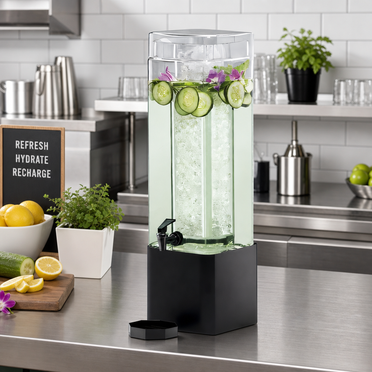 Product image #2 for Mission 3-Gallon Square Glass Beverage Dispenser with Ice Chamber, Drip Tray, and Black Powder-Coated Metal Base