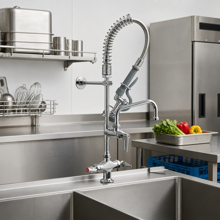 Product image #2 for T&S Brass Mini Pre-Rinse Faucet Unit with Spray Valve and 8-Inch Swing Nozzle, Dual Temperature, Single-Hole Deck Mount
