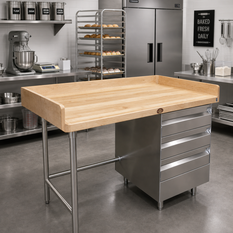 Product image #2 for Advance Tabco 60" x 36" Bakers' Work Table with Wood Top, 3-Tier Drawers, and 4" Rear/Side Splashes