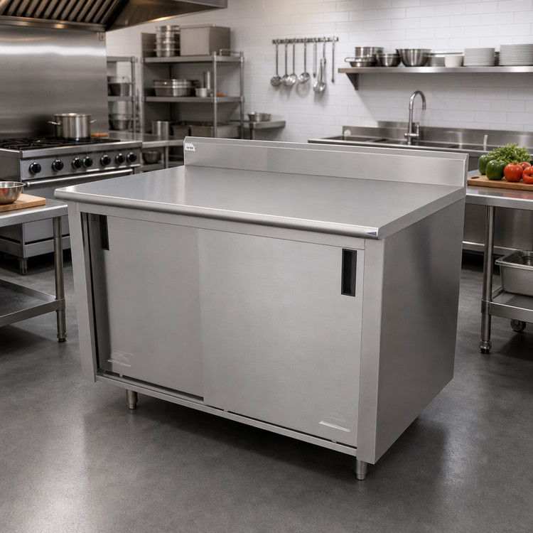 Product image #2 for Advance Tabco CK-SS-366 Enclosed Work Table with Cabinet Base and Sliding Doors, 72 x 36 Inches, 14-Gauge 304 Stainless Steel Top, 5-Inch Backsplash