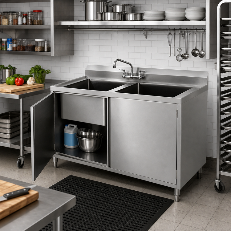 Product image #2 for Klinger's Trading 60-Inch Two-Compartment Cabinet Base Stainless Steel Sink with Hinged Doors