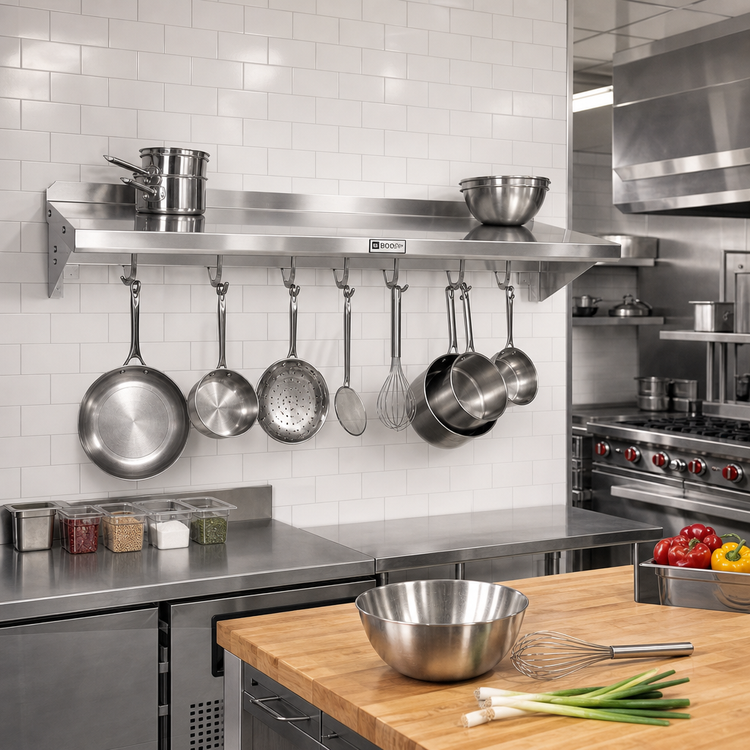 Product image #2 for John Boos Stallion 120-Inch Wall-Mount Stainless Steel Pot Rack Shelf with 10 Hooks