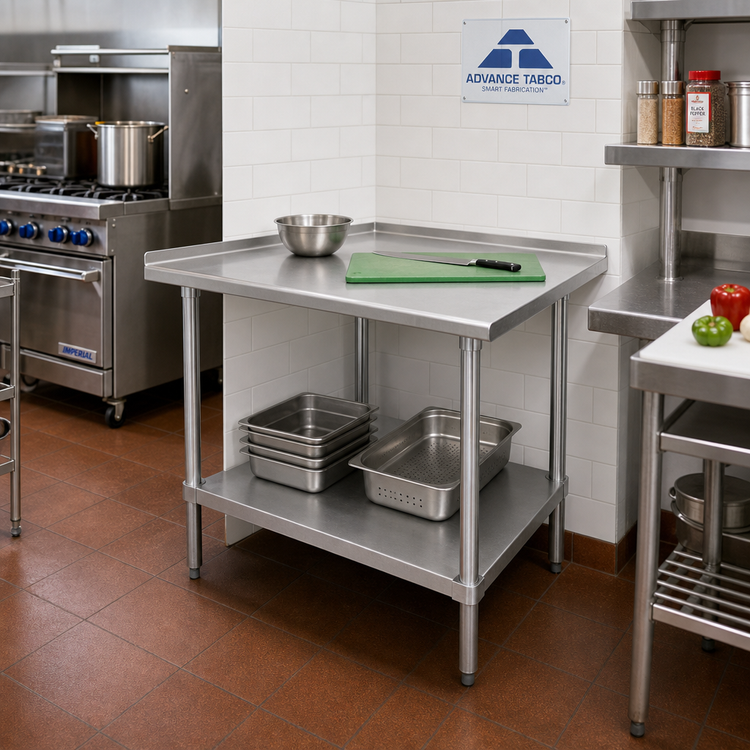 Product image #2 for Advance Tabco Special Value Series 30" x 30" 16-Gauge 304 Stainless Steel Corner Work Table with Adjustable Undershelf and 1-1/2" Rear Splash
