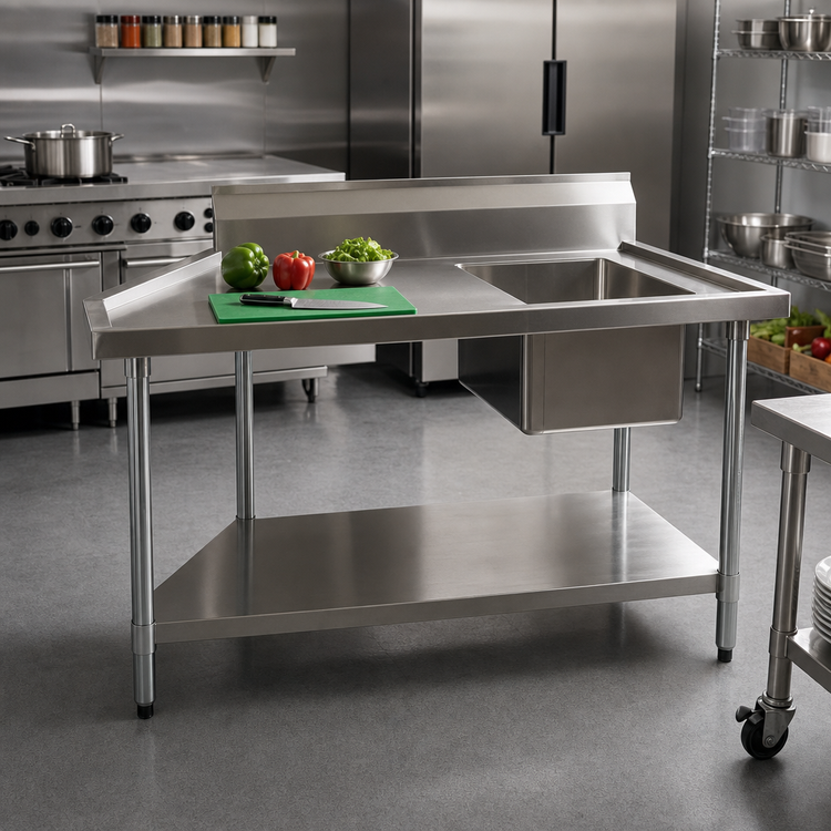 Product image #2 for BK Resources 48-Inch x 30-Inch 18/304 Stainless Steel Sink Table with Right-Side Prep Sink and 6-Inch Riser