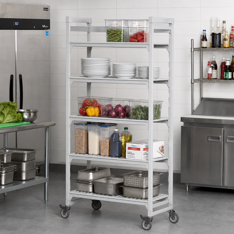 Product image #3 for Cambro Camshelving Premium 5-Tier Mobile Starter Shelving Unit, 21" x 42" x 75-1/4", Vented, Speckled Gray