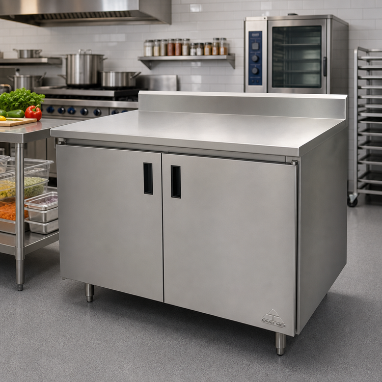 Product image #2 for Advance Tabco 48" x 30" 14-Gauge 304 Stainless Steel Enclosed Work Table with Cabinet Base, Hinged Doors, and 5" Backsplash