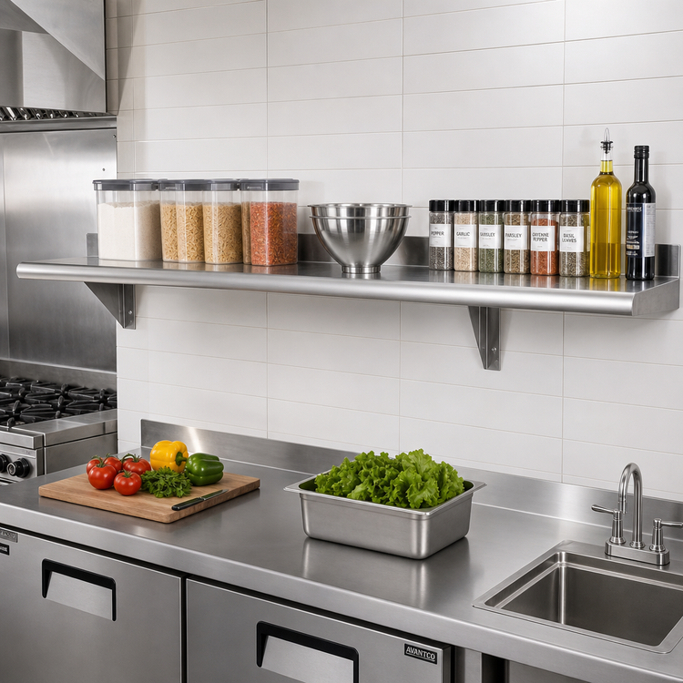 Product image #2 for Advance Tabco 132" W x 15" D Wall-Mounted Shelf, 16-Gauge 304 Stainless Steel, Satin Finish