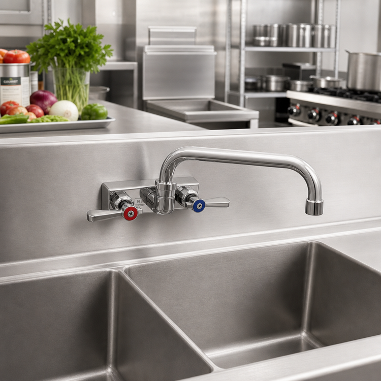 Product image #2 for BK Resources Evolution Backsplash-Mounted Commercial Faucet with 4-Inch Centers and 16-Inch Swing Spout