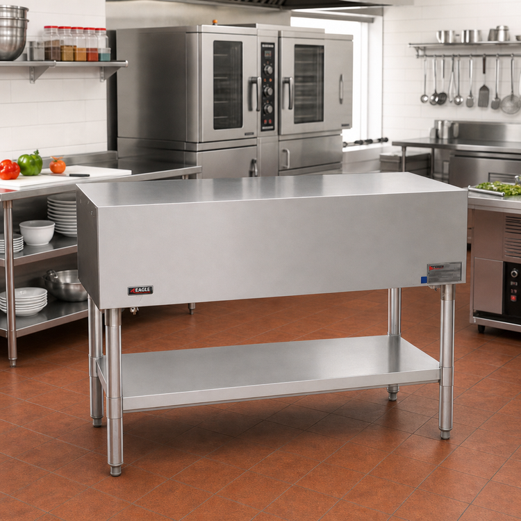 Product image #2 for Eagle Group ST-5 Stationary Utility Serving Counter with Stainless Steel Flat Top and Open Base, 79-Inch Wide
