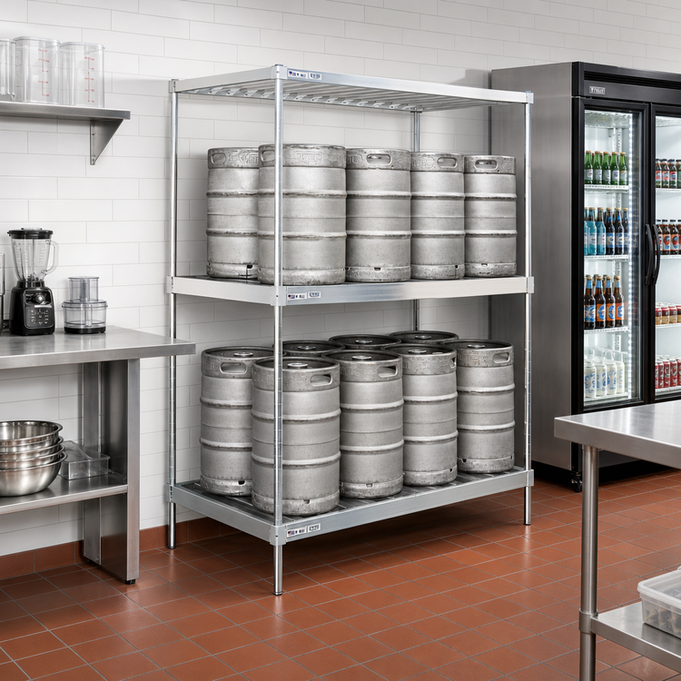 Product image #2 for New Age 80 in. W x 34 in. D Double-Deep Aluminum Keg Rack, 16-Keg Capacity