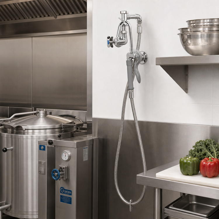 Product image #2 for T&S Brass B-0605 Wall-Mount Pot and Kettle Filler Faucet Assembly with Hook Nozzle, Vacuum Breaker, and 68-Inch Hose