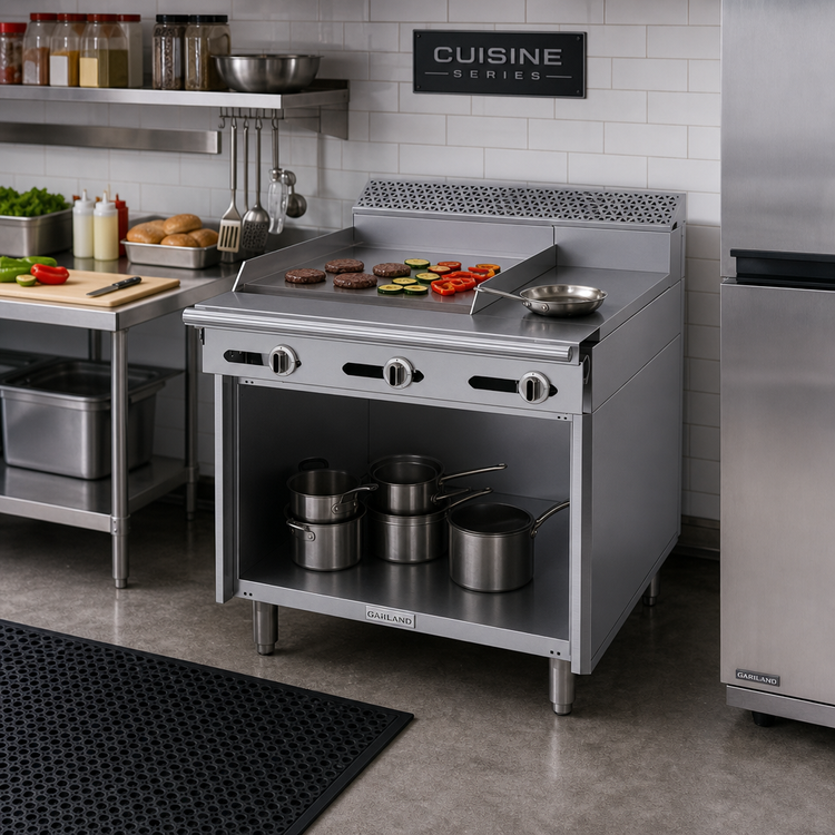 Product image #2 for Garland Cuisine Series 36-Inch Heavy Duty Gas Combination Top Range with 24-Inch Left Griddle, 12-Inch Hot Top, and Open Storage Base