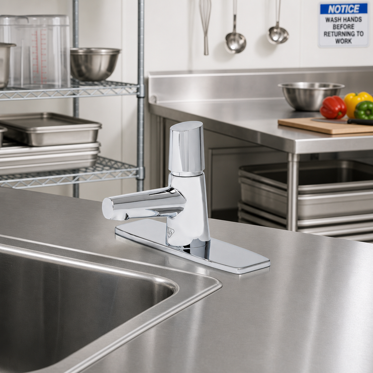 Product image #2 for T&S Brass LakeCrest Aesthetic Single Hole Single Temperature Deck Mount Metering Lavatory Faucet with Deck Plate, Polished Chrome