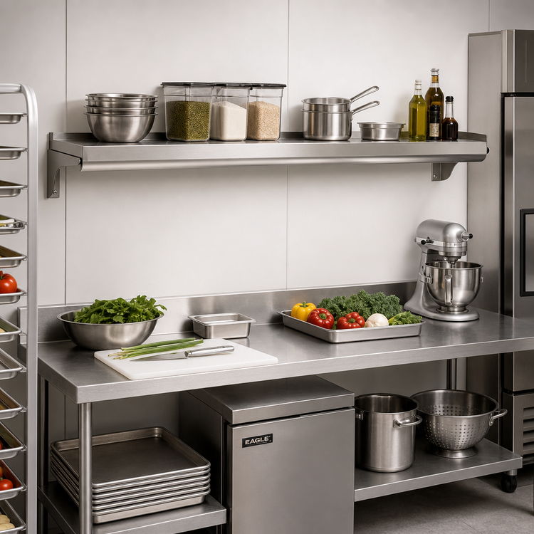 Product image #2 for Eagle Group 120 in. W x 10 in. D Wall-Mounted Shelf, 16 Gauge 304 Stainless Steel