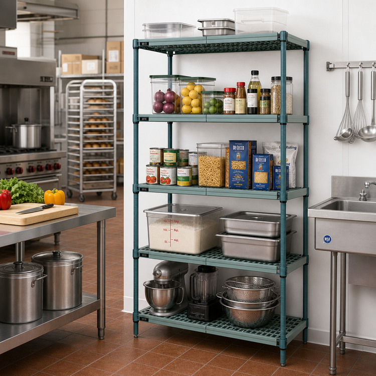 Product image #2 for Quantum 5-Tier Stationary Wire Plastic Mat Shelving Unit, 30 x 21 x 63 Inches, Green Epoxy Coated